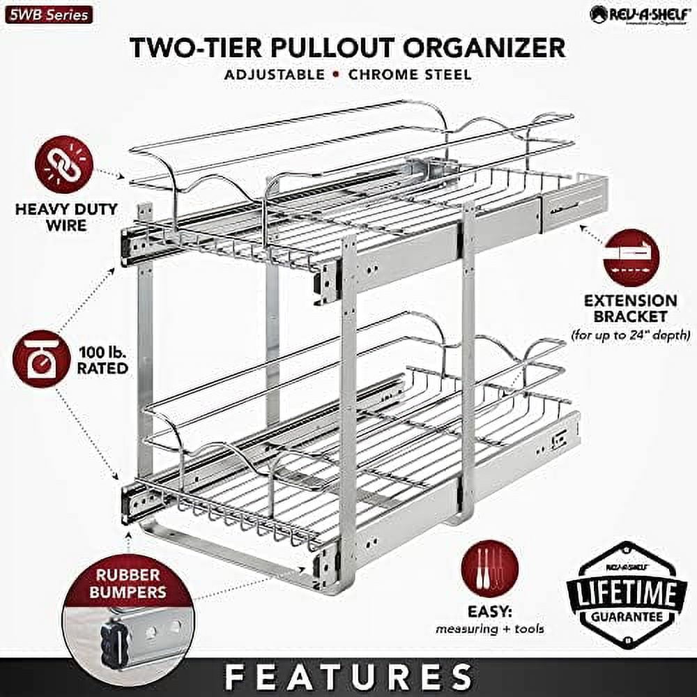 2-Tier Kitchen Cabinet Pull Out and Drawer Organizer Slide Out Pantry Basket in Multiple Sizes 9 x 22 In 5WB2-0922CR-1
