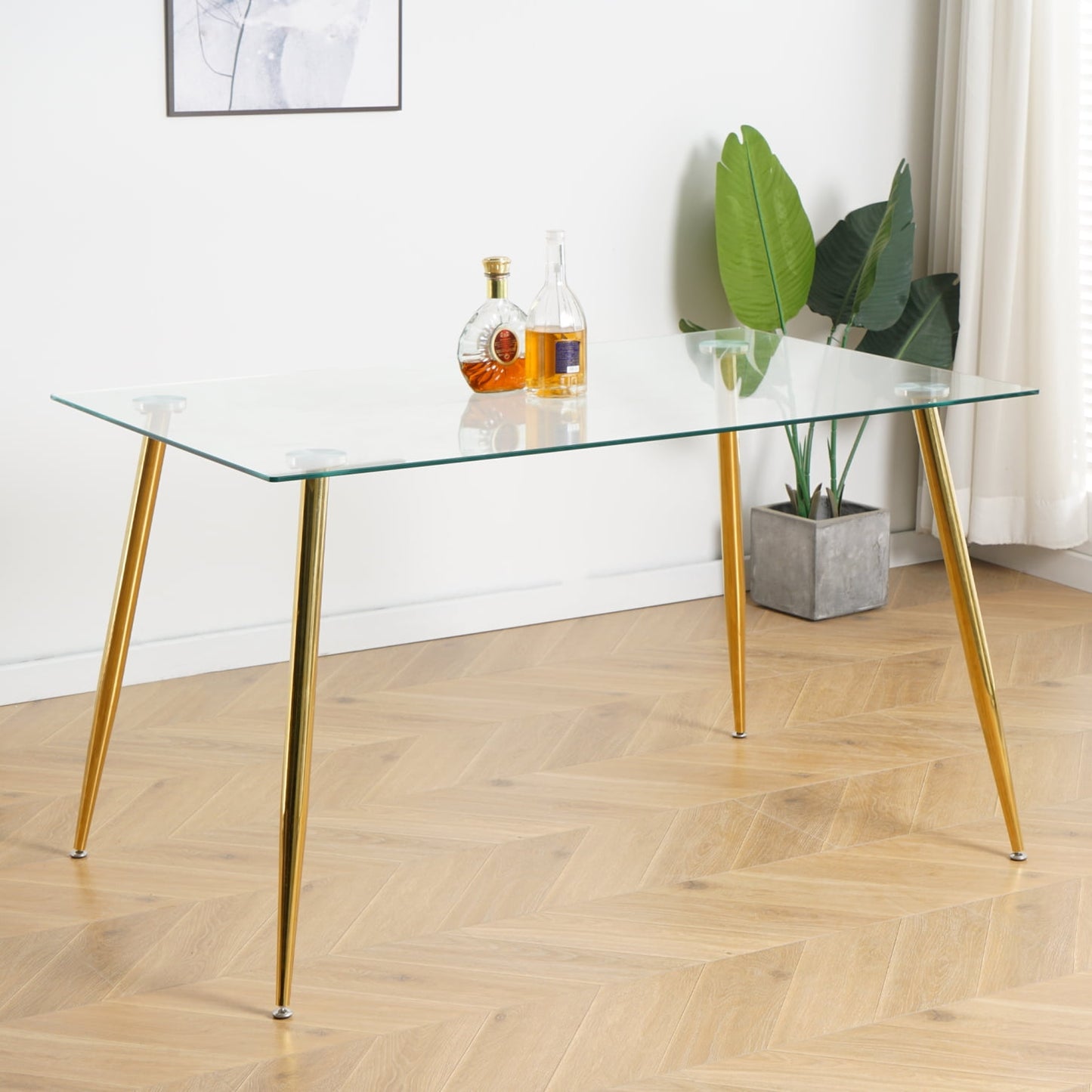29.5H?Æù Kitchen Glass Dining Table with Chrome Metal Legs, Modern Rectangular Tempered Glass Table top for Kitchen & Dining Tables, Golden Table Legs