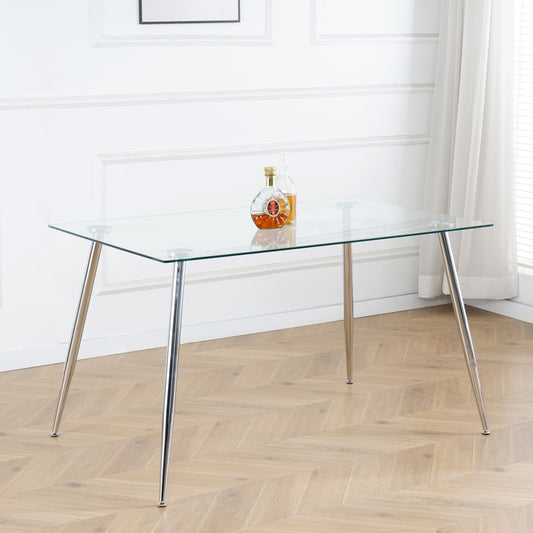 29.5H?Æù Kitchen Glass Dining Table with Chrome Metal Legs, Modern Rectangular Tempered Glass Table top for Kitchen & Dining Tables