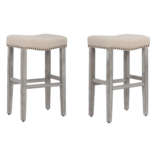 29in Upholstered Saddle Seat Bar Stool (Set of 2) in Beige
