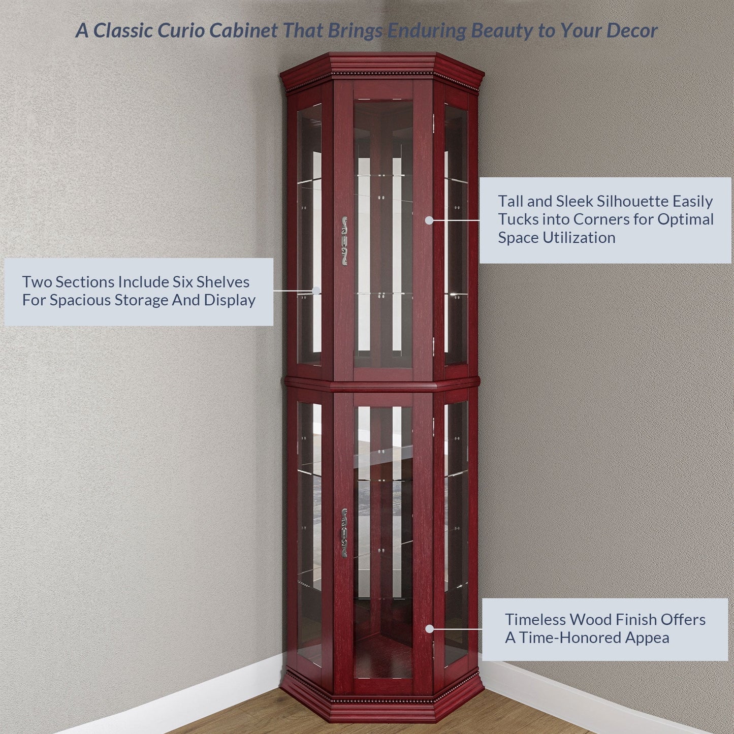 BELLEZE Lorona Floor Standing 5 Sided Lighted Corner Curio Cabinet, Cherry