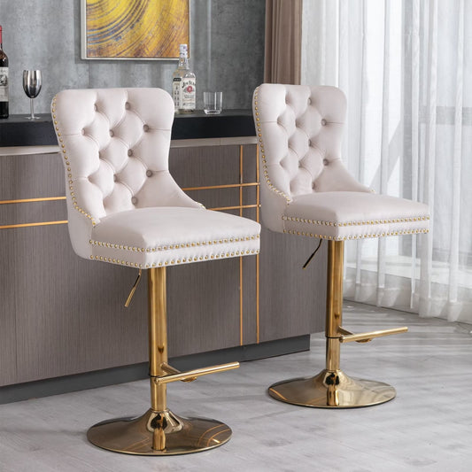 2Pcs Swivel Thick Velvet Upholstered Bar Stools, Adjusatble Seat Height Barstools with Golden Legs & Comfortable Tufted Back, for Home Pub and Kitchen Island, 27-35 Inch, Beige