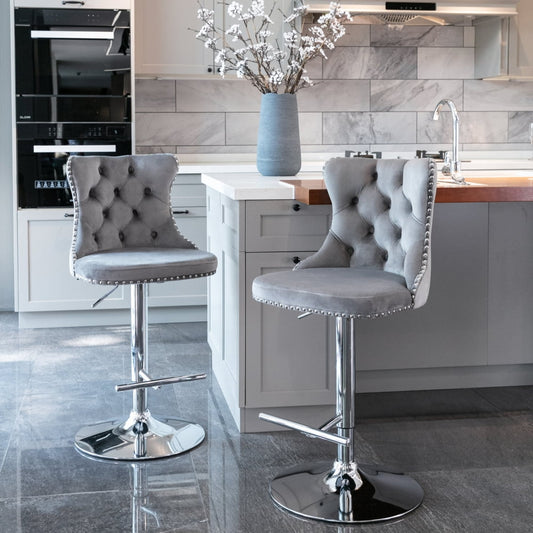 2Pcs Swivel Velvet Barstools Adjusatble Seat Chair with Chrome Legs, Modern Upholstered Bar Stools with Backs Comfortable Tufted for Home Pub and Kitchen Island, 25-33 Inch, Gray