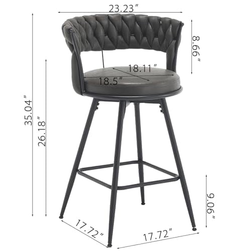 26 inch Bar Stool Set of 2, 360?? Swivel Counter Barstool with Backrest, Upholstered Hand-Woven Barstool, Modern Bar Chair with Footrest ,Black gray
