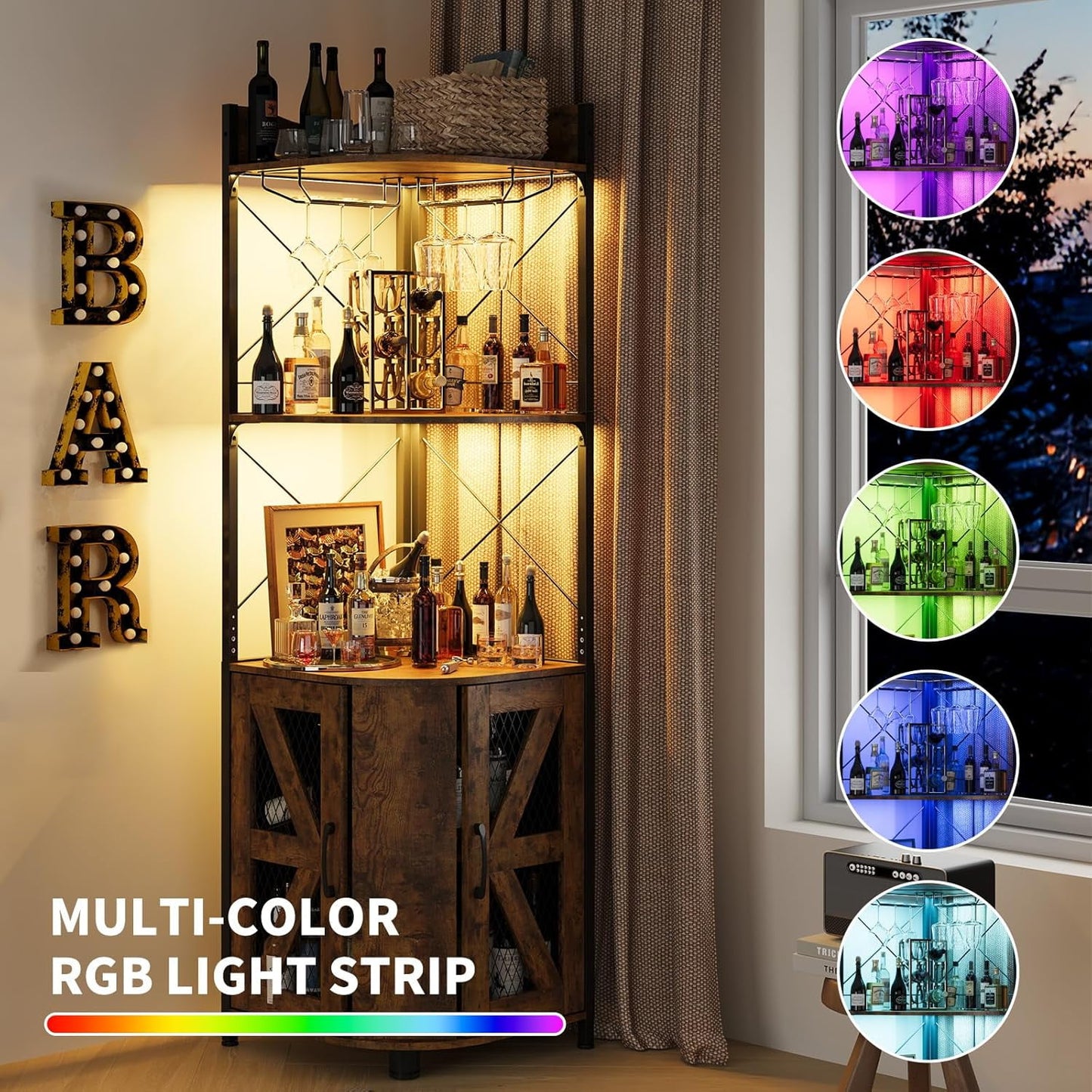 Linor 63in 5-Tier Corner Bar Cabinet with RGB LED Lights, Power Outlet, Glass Holder, Rustic Brown