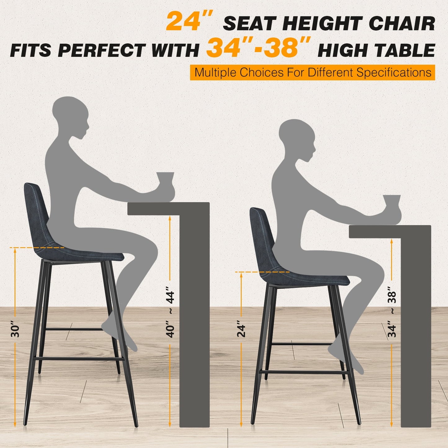 24in Tech Cloth Counter Height Bar Stools with Backs, Navy Blue, Set of 2