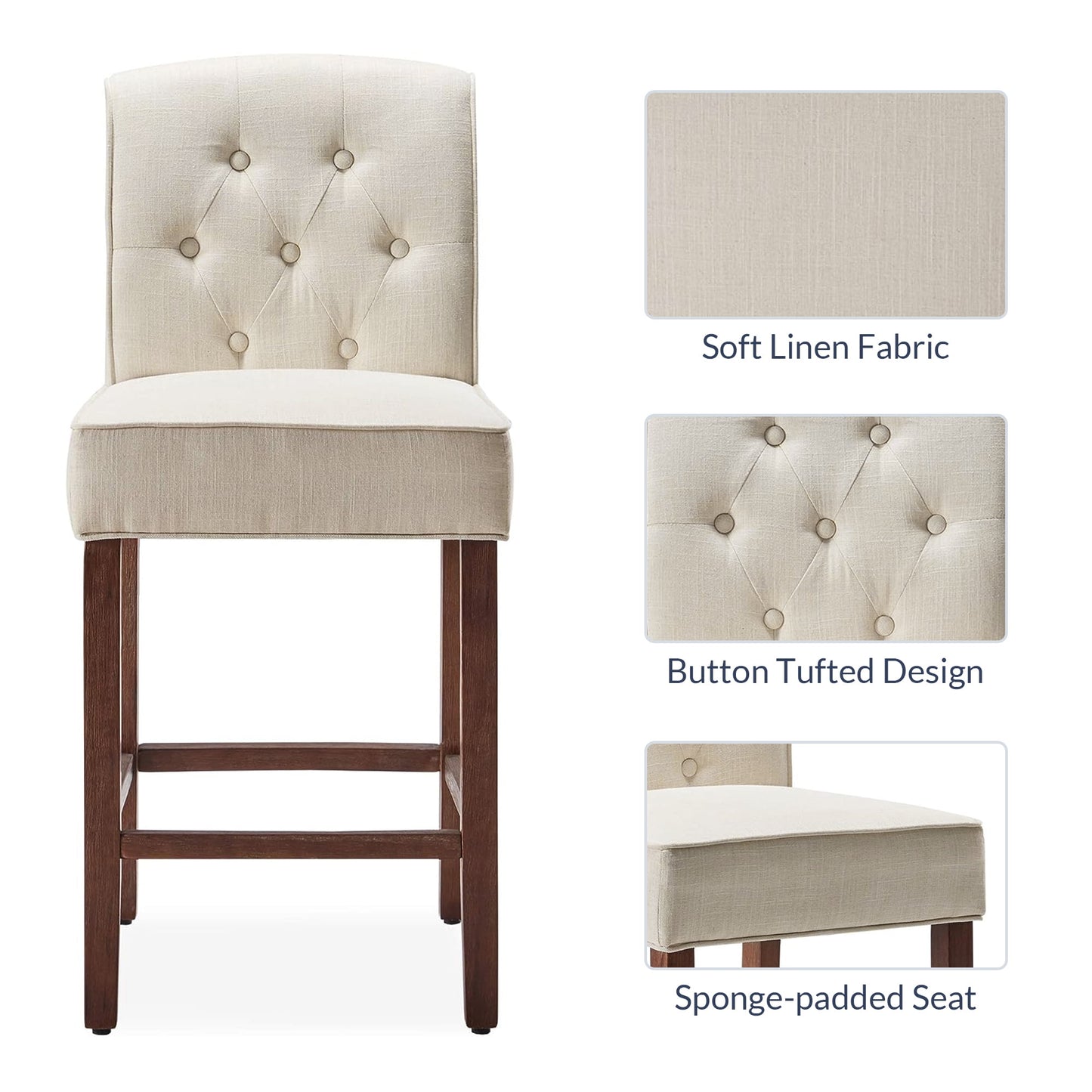 BELLEZE Counter Height Bar Stools for Kitchen Island Set of 4, Modern Counter Stools Button Tufted Upholstered Barstools Island Chairs Farmhouse High Back Dining Room Chairs - Calila (Natural)