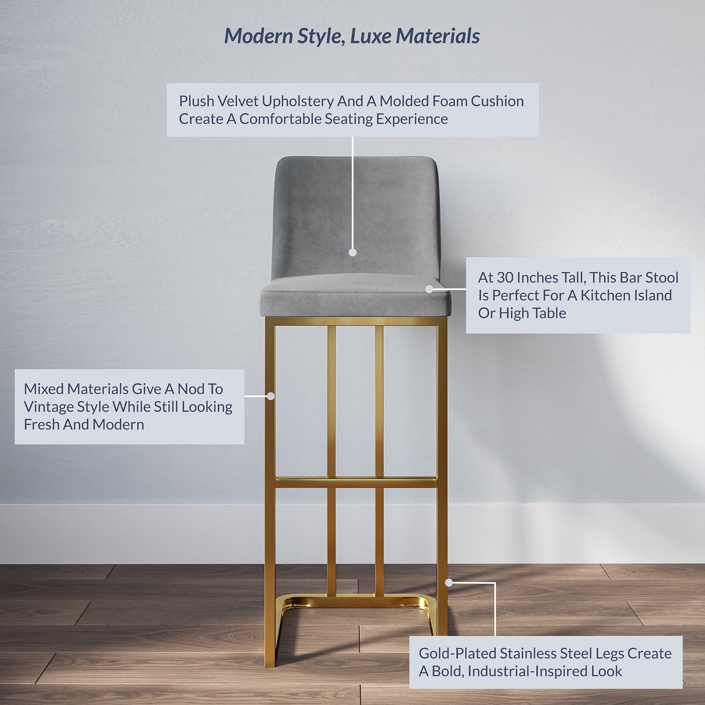 BELLEZE 30 Inch Barstools Counter Stools Set of 2, Upholstered Bar Stools with Gold Metal Frame, Modern Bar Height Stools Island Chairs for Home and Restaurant - Hutton (Grey)