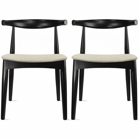 2xhome Set of 2 Contemporary Farmhouse Real Solid Wood Cloth Cushion Seat Dining Chairs Elbow Side Chair (Black-Beige Seat)