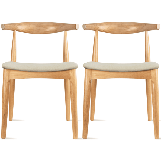 2xhome Set of 2 Contemporary Farmhouse Real Solid Wood Cloth Cushion Seat Dining Chairs Elbow Side Chair (Natural-Beige Seat)