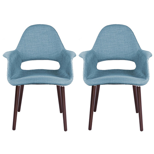 2xhome Set of 2 Mid Century Modern Upholstered Fabric Organic Accent Living Room Dining Arm Chairs with Dark Natural Wooden Legs, Light Blue