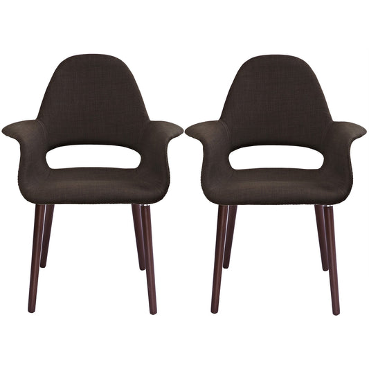 2xhome Set of 2 Mid Century Modern Upholstered Fabric Organic Accent Living Room Dining Arm Chairs with Dark Natural Wooden Legs, Dark Brown
