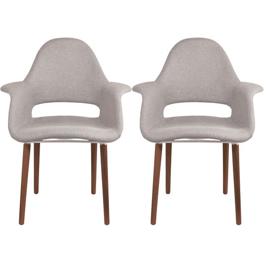 2xhome Set of 2 Mid Century Modern Upholstered Fabric Organic Accent Living Room Dining Arm Chairs with Dark Natural Wooden Legs, Gray Beige