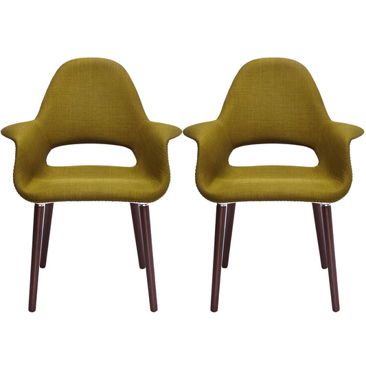 2xhome Set of 2 Mid Century Modern Upholstered Fabric Organic Accent Living Room Dining Arm Chairs with Dark Natural Wooden Legs, Green