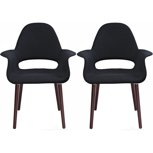 2xhome - Set of 2 Organic Upholstered Fabric Modern Armchairs with Dark Walnut Brown Wooden Legs for Dining Room Office or Accent Chair (Black)