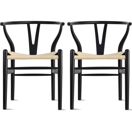2xhome Set of 2 Wishbone Solid Wooden Dining Chairs with Woven Papercord Seats, Modern Farmhouse Y Back Elbow Side Chairs, Black