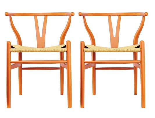 2xhome Set of 2 Wishbone Solid Wooden Dining Chairs with Woven Papercord Seats, Modern Farmhouse Y Back Elbow Side Chairs, Orange