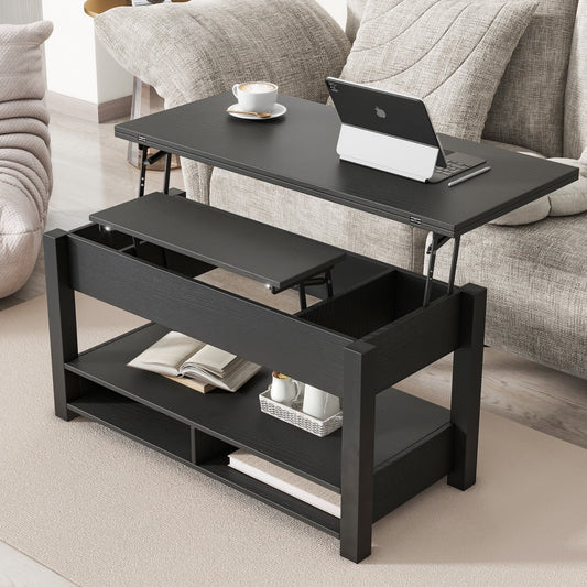 3 in 1 Lift Top Coffee Table with Open Shelves, Modern Dining Table with Foldable Tabletop, Multi-Functional Pop Up Adjustable Table for Living Room, Reception Room, Office, Black