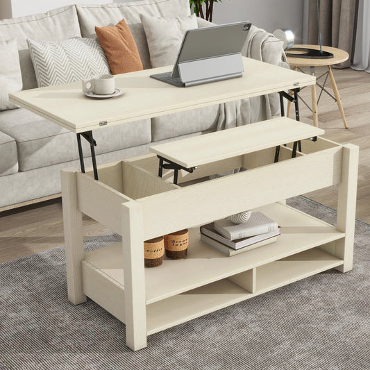 3 in 1 Lift Top Coffee Table with Open Shelves, Modern Dining Table with Foldable Tabletop, Multi-Functional Pop Up Adjustable Table for Living Room, Reception Room, Office, Rustic Ivory