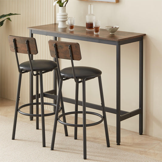 3 Pcs Bar Dining Table Set, Minimalist Style Bar Table With 2 Bar Stools PU Soft seat with Backrest Footrest for Dining Room, Kitchen, Rustic Brown,43.31in L x 15.75in W x 35.43in H