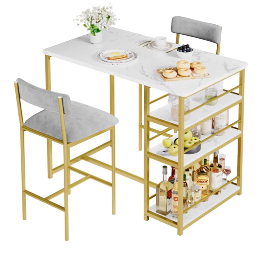 3 Piece Dining Table Set, Kitchen Table with 3 Tier Storage Shelf, Bar Dining Table with 2 Upholstered Chairs
