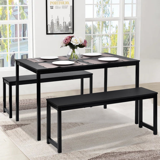 3 Piece Dining Table Set, Modern Wood Table Top Dining Table Set with Bench and Metal Frame, Breakfast Nook Dining Room Set, Dining Set for 4, Kitchen Living Dining Room Furniture, Black