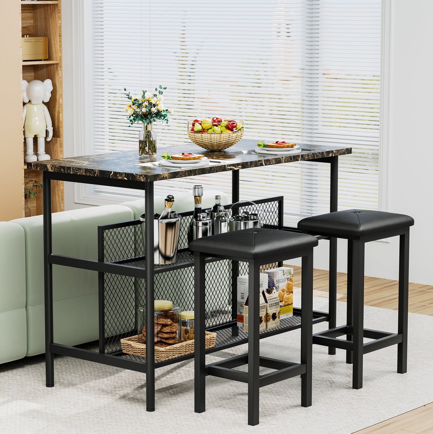 Dining Table Set for 2, Counter Height Bar Table Set with Faux Marble Top, 3-Piece Kitchen Island Set with 2 Stools and 2-Tier Shelves, Pub Dinette Set for Small Spaces, Brown, L0329