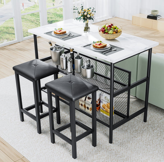 3 Piece Kitchen Island Set, Faux Marble Top, Dining Set with 2 Stools, 2-Tier Shelves, L0325