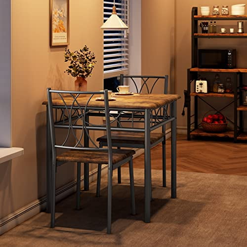 3 Piece Kitchen Table Set, Dining Table and Chairs for 2, Metal and Wood Square Dining Room Table Set with 2 Upholstered Chairs, Kitchen Table Set for Small Space, Apartment, Rustic Brown
