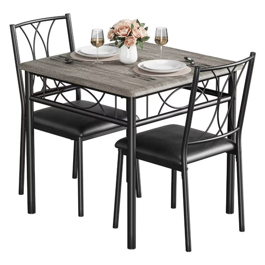 3 Piece Kitchen Table Set, Dining Table and Chairs for 2, Square Dining Room Table Set for Small Spaces, Apartment, Grey
