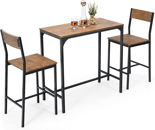 3 Piece Pub Table Set, Bar Table and Chairs Set of 2, Kitchen Counter Height Bistro Dinette Hightop Dining Table Set for Small Space Apartment Breakfast Nook Restaurant, Rustic Brown