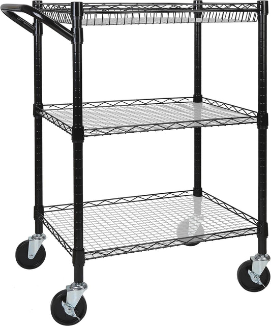 3 Tier Heavy Duty Rolling Utility Cart,18in D x 30in W x 36.6in H Rolling Carts with Wheels,Commercial Grade Metal Cart with Handle Bar & Shelf Liner,Trolley Serving Storage Cart for Kitchen Black