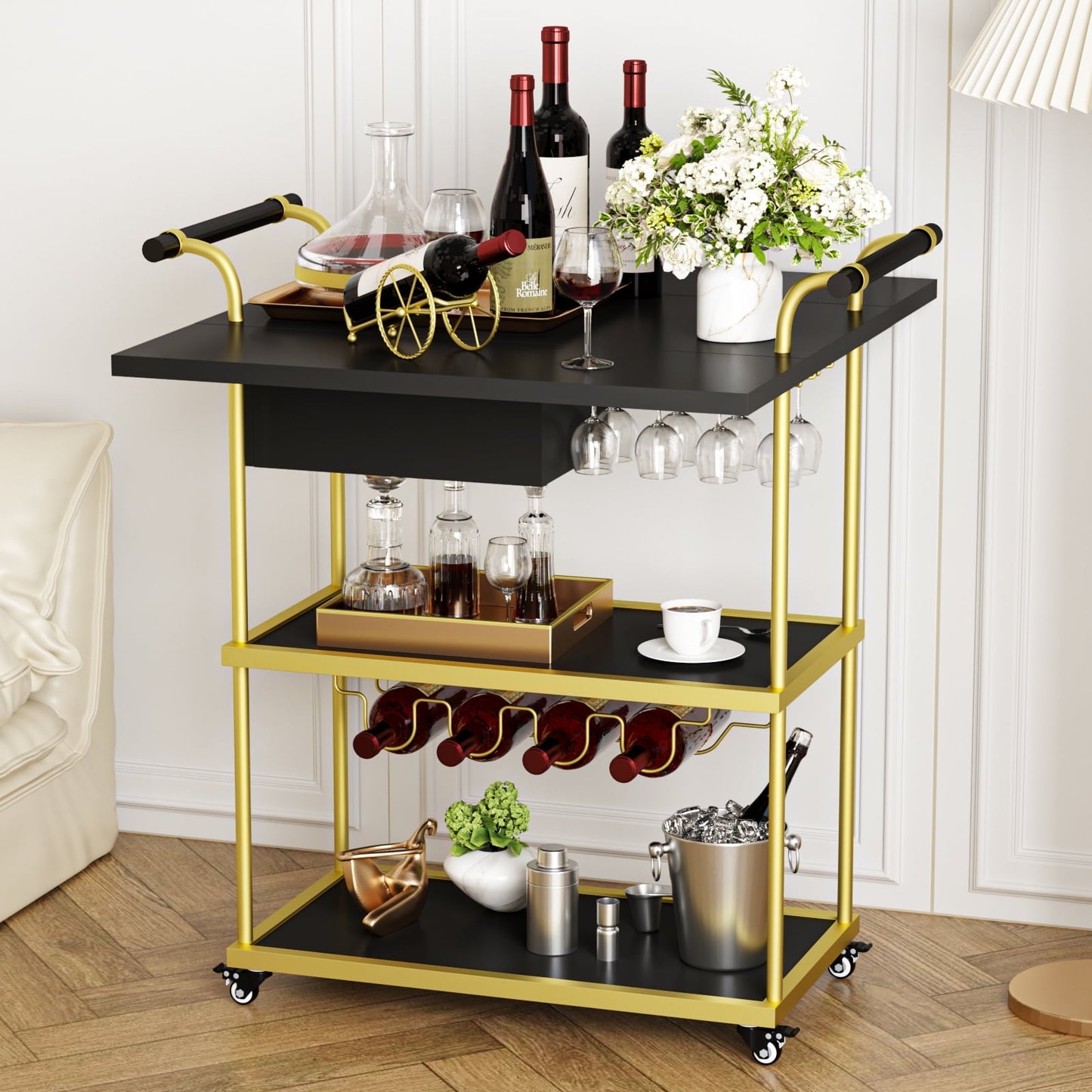 Veanerwood 3 Tier Home Bar Serving Cart on Wheels with Storage and Extendable Countertop, Black