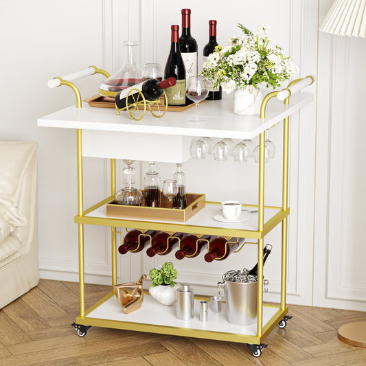 Veanerwood 3 Tier Home Bar Serving Cart on Wheels with Storage and Extendable Countertop, White
