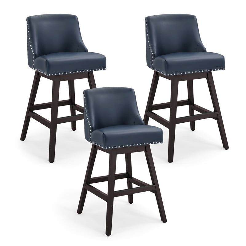 Dycanpo 30in H Swivel Bar Stools Set of 3 with Back Faux Leather for Home Kitchen Island,Navy Blue
