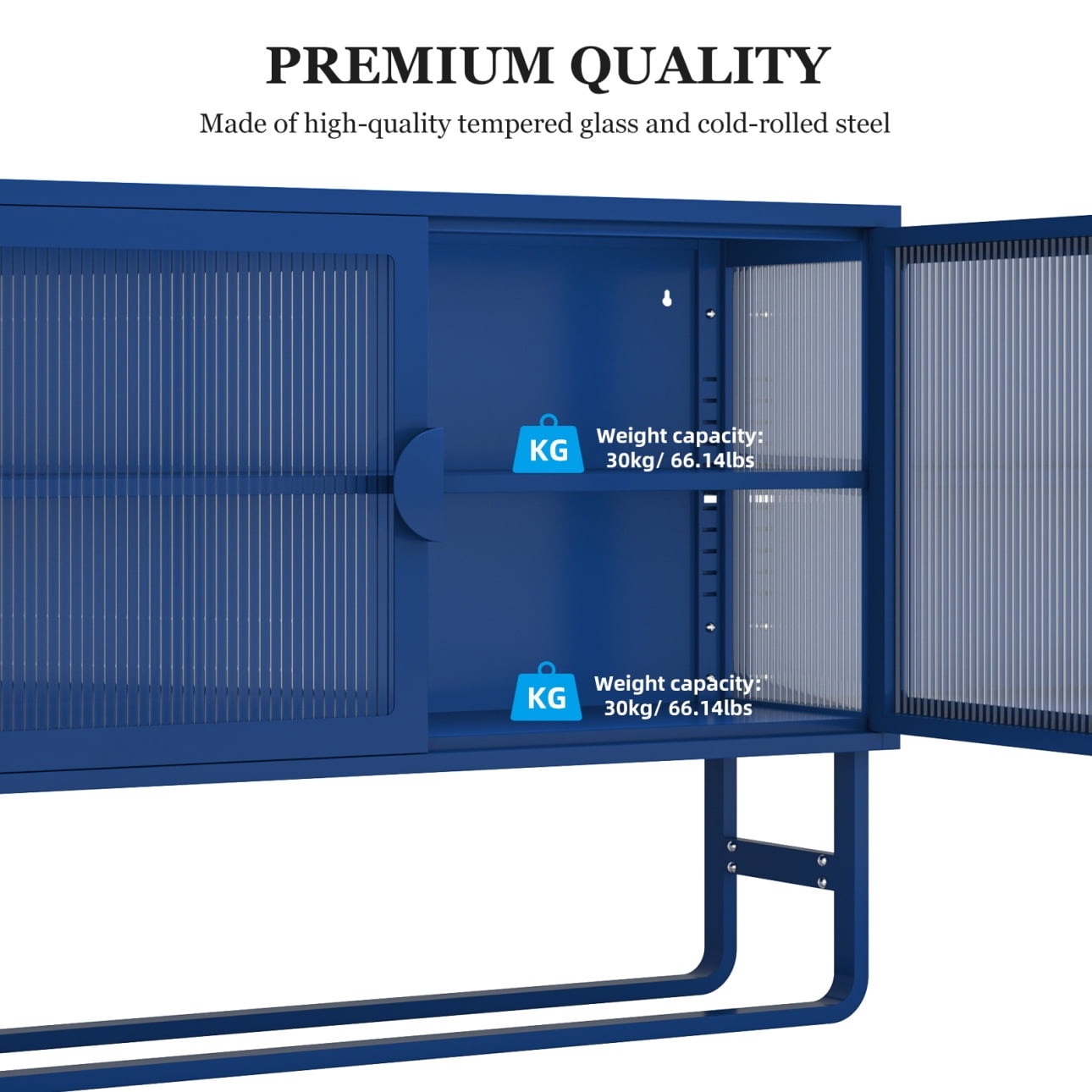 2-Tier Stylish Tempered Glass Cabinet, Fluted Glass Sideboard Buffet Cabinet with 2 Door, Modern Enclosed Cupboard Adjustable Shelf U-shaped Leg for Kitchen Living Room ,Blue