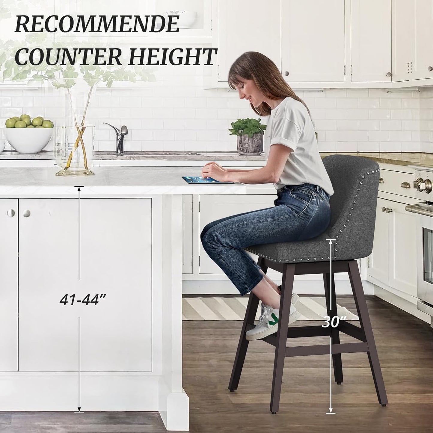 Dycanpo 30in H Swivel Bar Stools Set of 4 with Back Linen Fabric for Home Kitchen Island, Gray