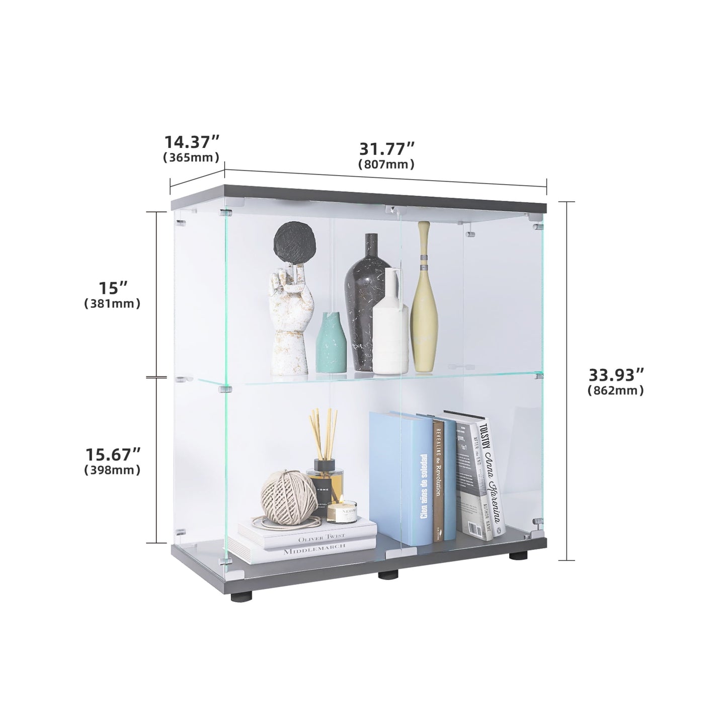 2-Tier Glass Display Cabinet with Double Doors, Standing Tempered Glass Display Shelf for Collectibles, Floor Standing Bookshelf for Living Room, Office, Black