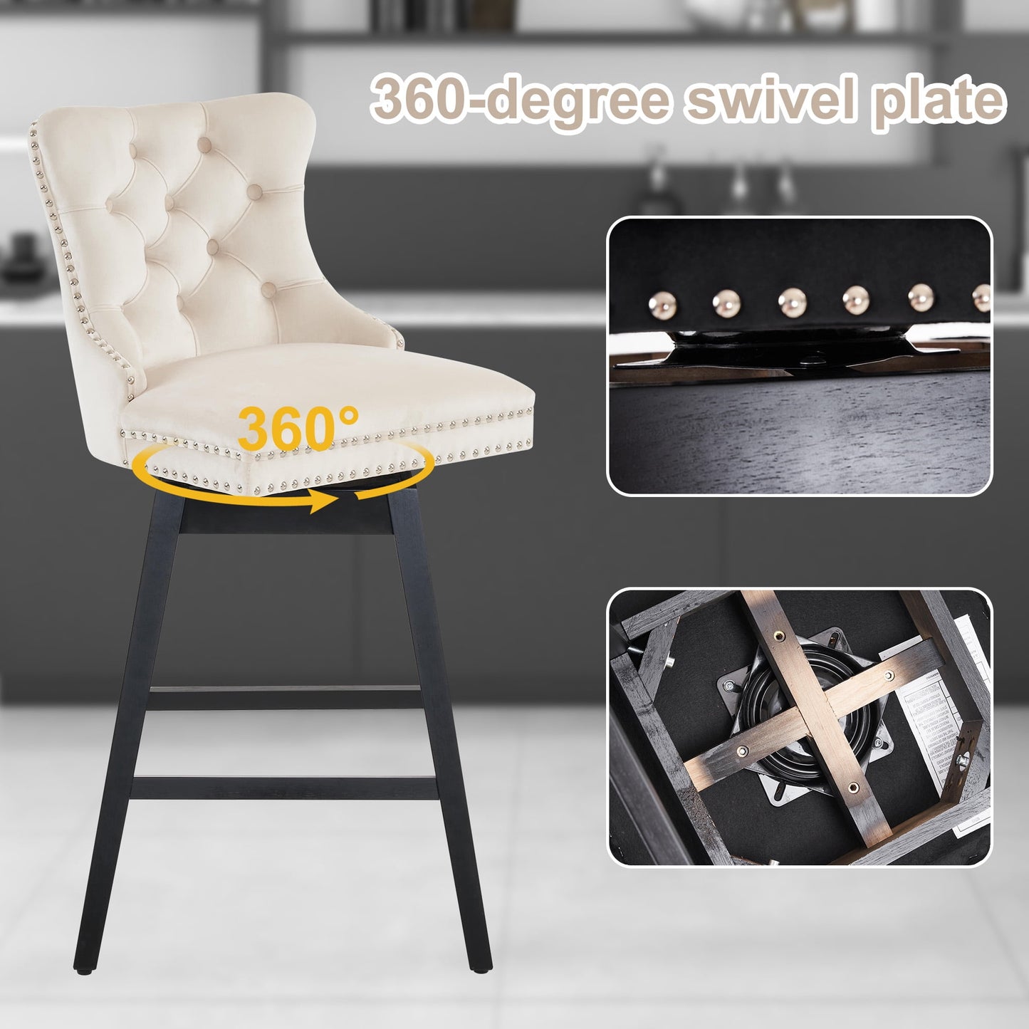 TEWLOSS Swivel Bar Stools Set of 4 Velvet Barstools for Kitchen Island (30in , Beige)