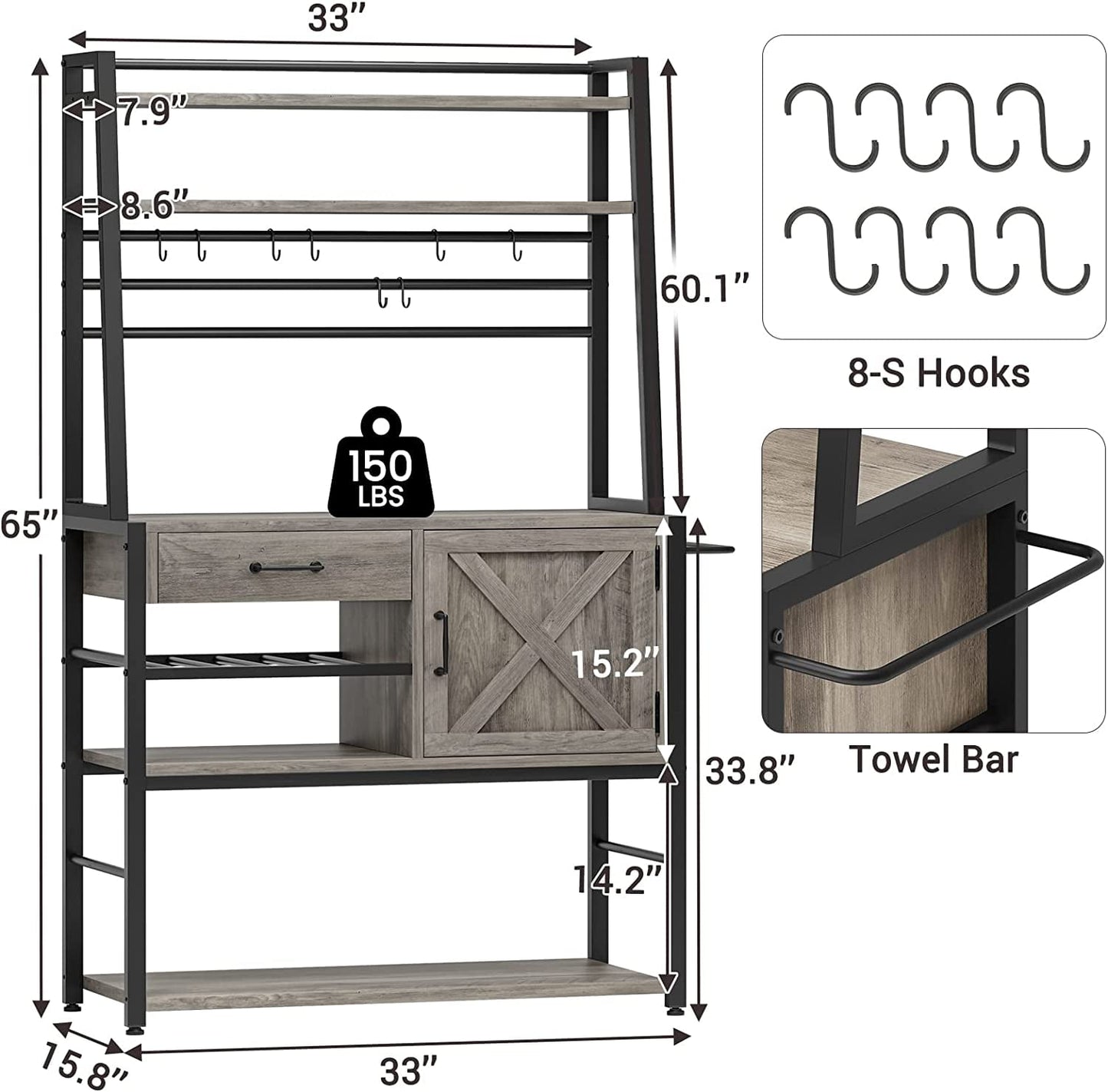 Farmhouse Baker's Rack, Storage Drawer, Wine Cupboard and Coffee Bar Cabinet, Rustic Gray