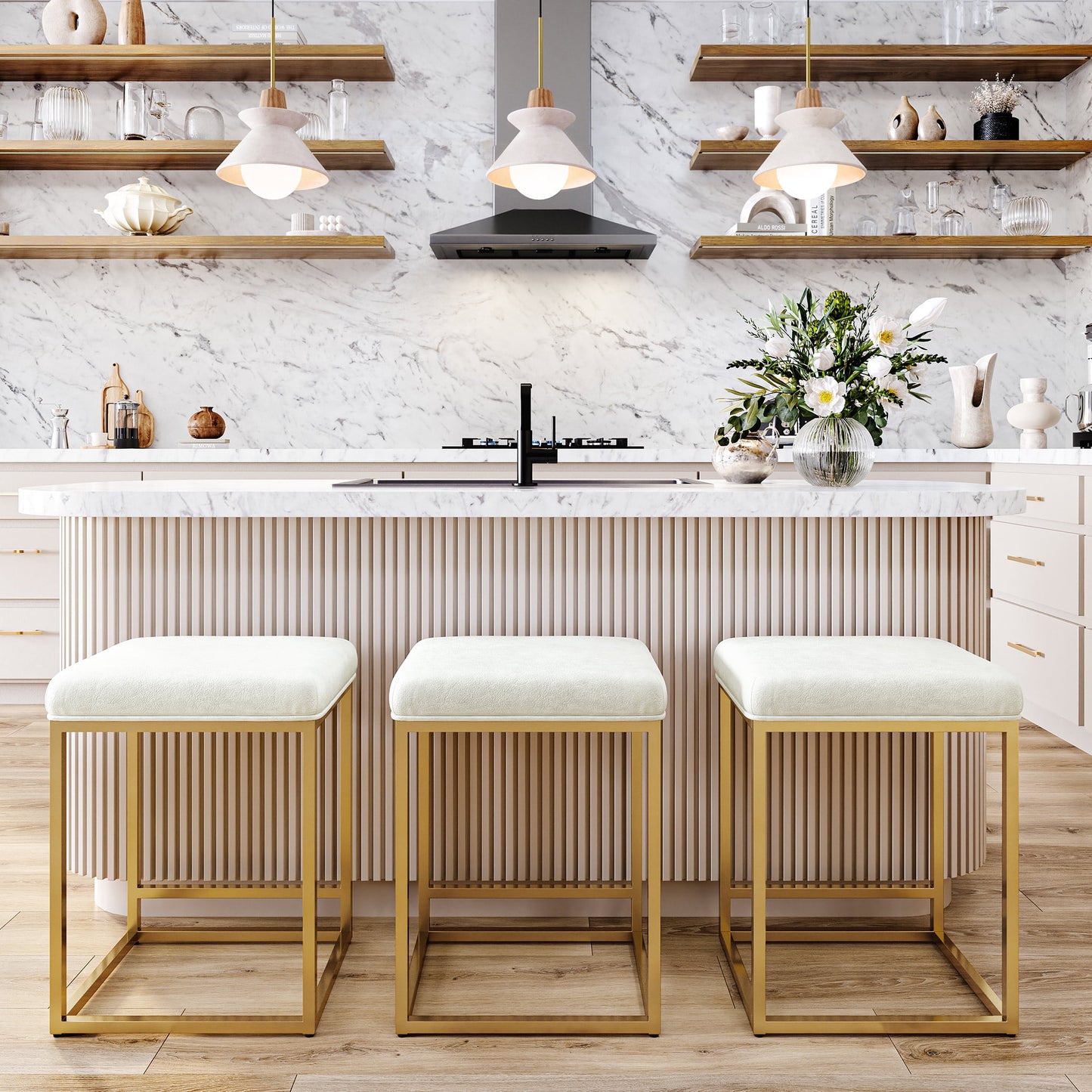 BELLEZE 24in Backless Bar Stools Set of 4, Counter Height Barstools, Modern Upholstered PU Leather Counter Stools with Metal Base Kitchen Island Chairs Dining Chair, White & Gold