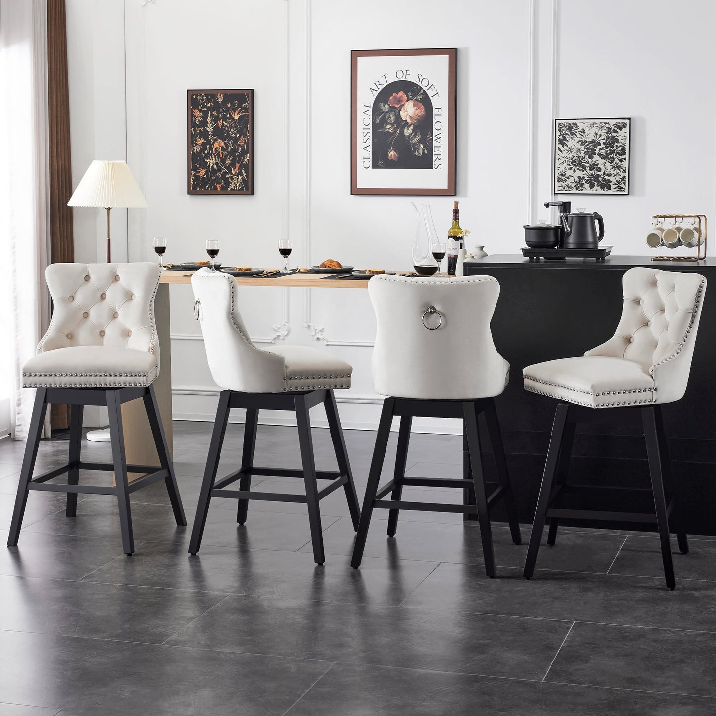 TEWLOSS Swivel Bar Stools Set of 4 Velvet Barstools for Kitchen Island (30in , Beige)