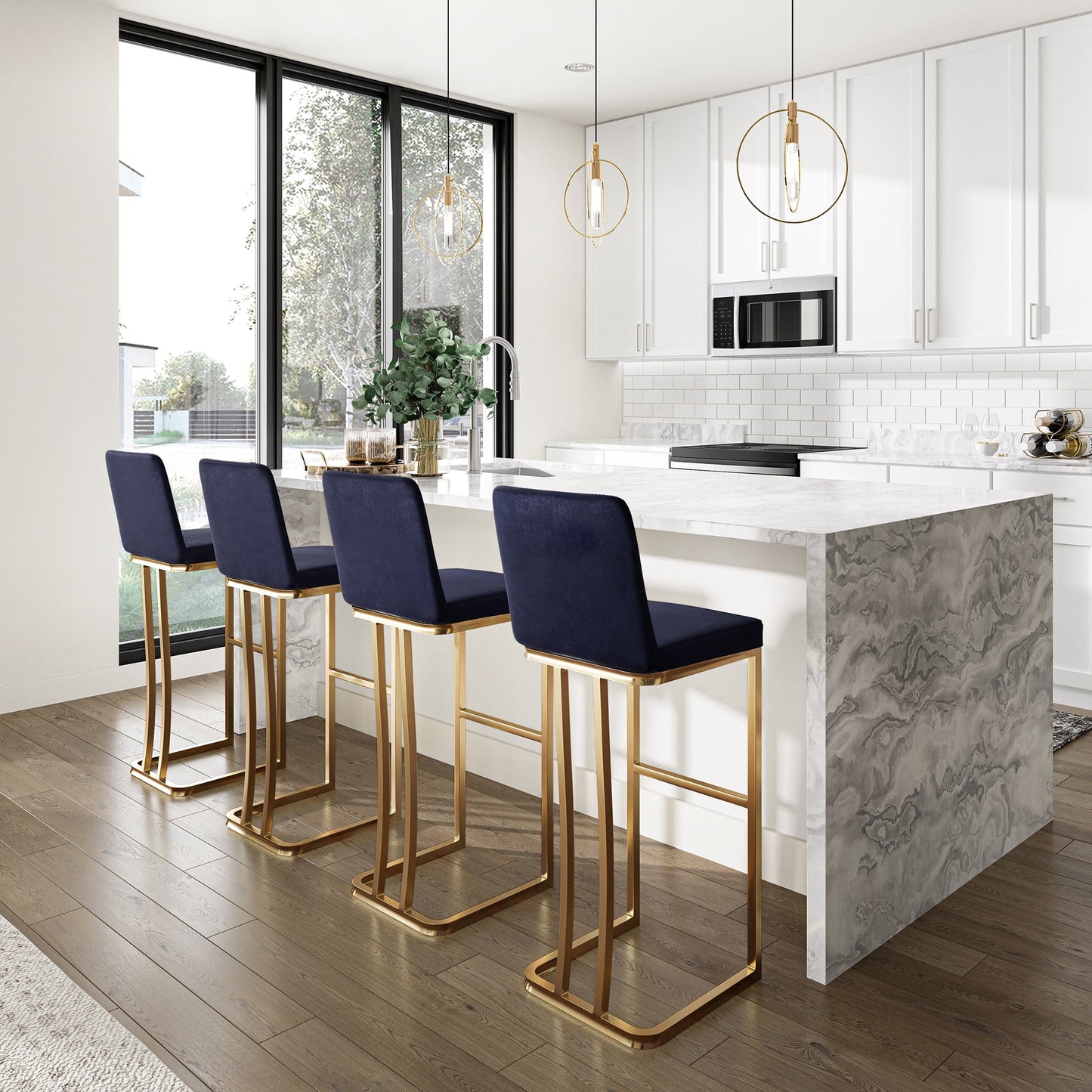 Belleze 30 inch Hutton Barstools Set of 2, Black Velvet Upholstered with Gold Frame, for Home & Restaurant