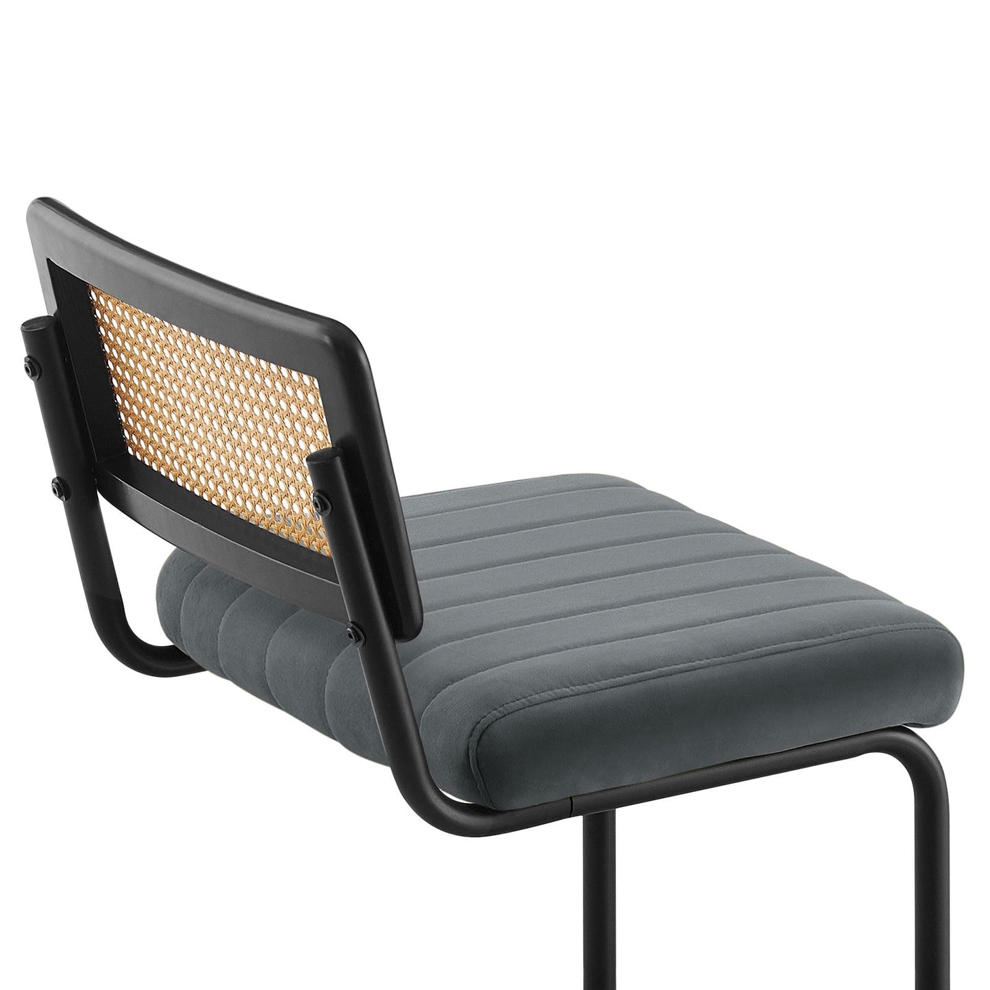 26in Rattan Counter Height Bar Stools, Set of 2, Velvet Armless Bar Stools with Cane Back Mid Century Modern Chair for Home Office Kitchen Island