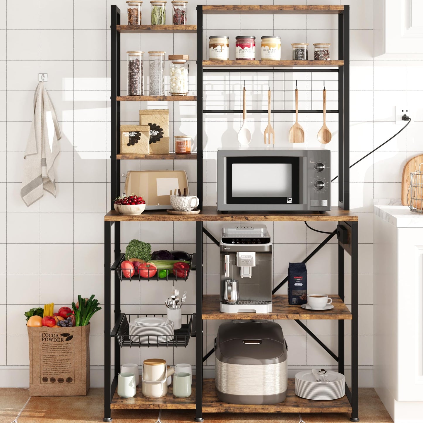 2024 New Standing Baker Rack with Power Output, 7-tier Kitchen Microwave Baker Rack with Storage, Microwave Oven Stand with Hook, Baker Rack for Kitchen, Dining Room
