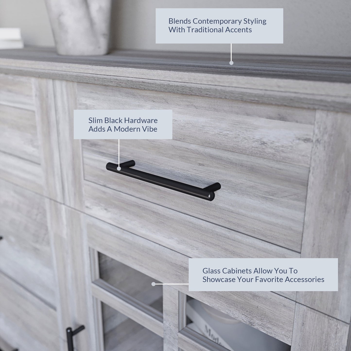 BELLEZE Modern Farmhouse Industrial Style Sideboard Buffet Console Table, Versatile Media Cabinet With Drawers And Adjustable Shelves - Astorga (Gray Wash)