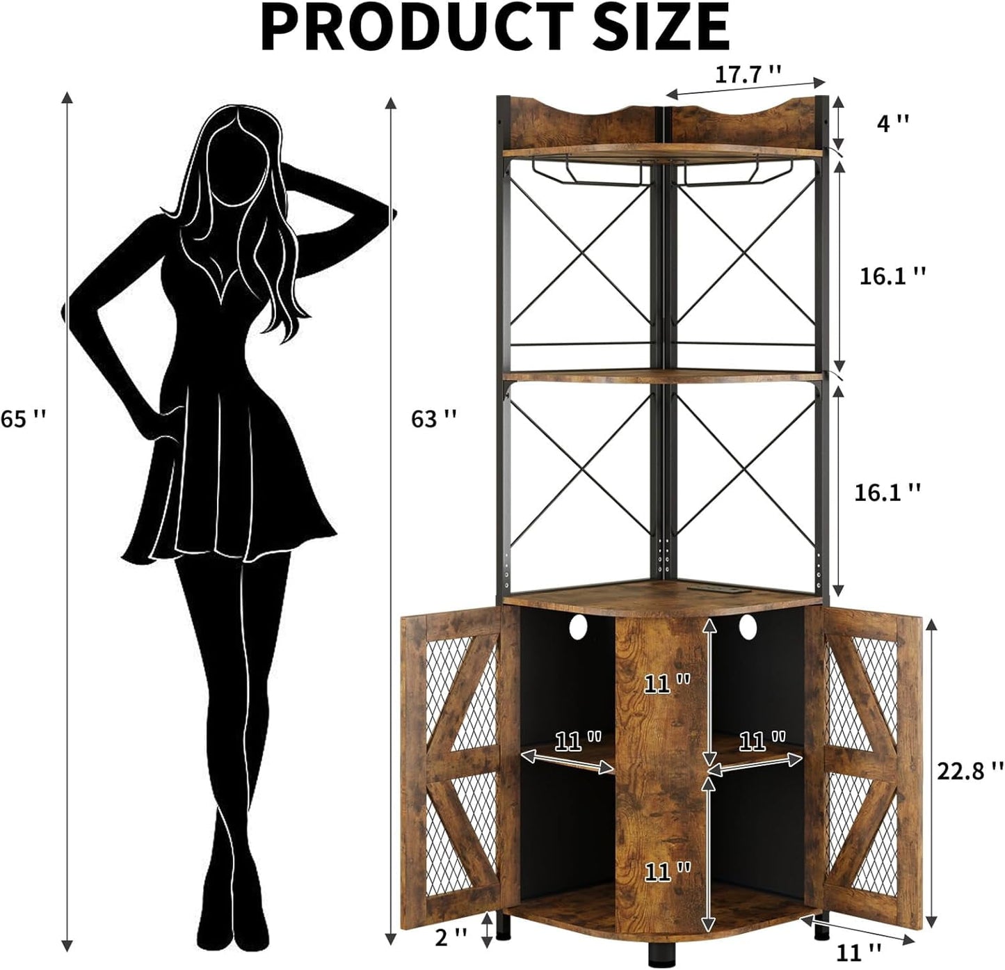 Linor 63in 5-Tier Corner Bar Cabinet with RGB LED Lights, Power Outlet, Glass Holder, Rustic Brown