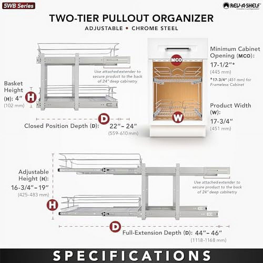 2-Tier Kitchen Cabinet Pull Out and Drawer Organizer Slide Out Pantry Basket in Multiple Sizes 9 x 22 In 5WB2-0922CR-1