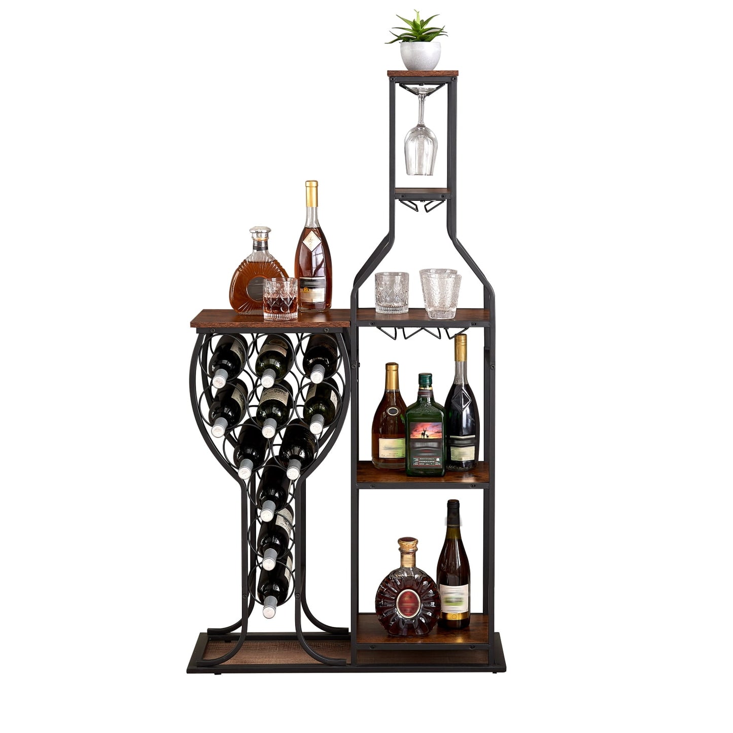 Elegant 5-Tier Freestanding Wine Bakers Rack with Hanging Wine Glass Holder - 11 Bottle Capacity Storage Shelves for Liquor and Wine in Kitchen or Dining Room - Stylish Wine Storage Home