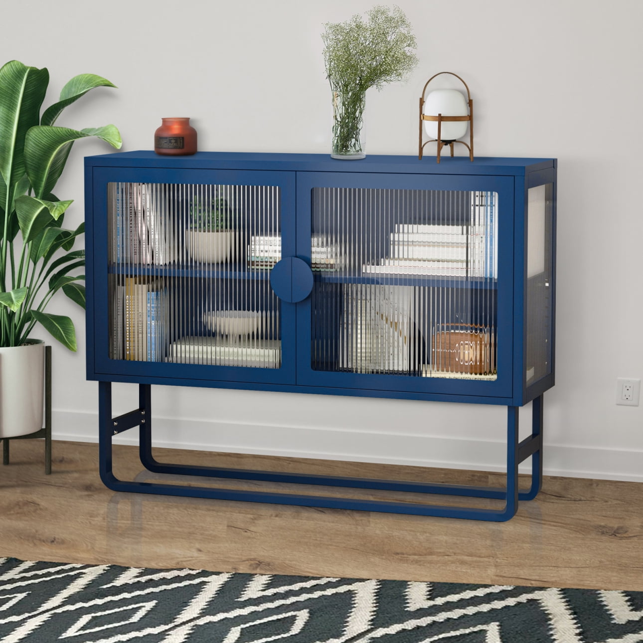 2-Tier Stylish Tempered Glass Cabinet, Fluted Glass Sideboard Buffet Cabinet with 2 Door, Modern Enclosed Cupboard Adjustable Shelf U-shaped Leg for Kitchen Living Room ,Blue